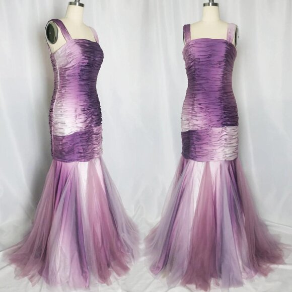 Vtg Violet Ombré Ruched Pleated Layered Tulle Mermaid Gown Dress - Picture 1 of 6